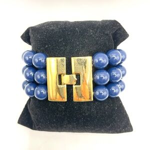 Monet Signed Vintage Navy Blue 3 Row Bead Bracelet Gold Tone Clasp